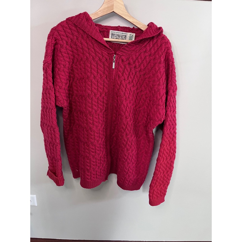 Aran Sweater Market Red Merino Wool Cable Knit Full Zip Hooded Cardigan XL